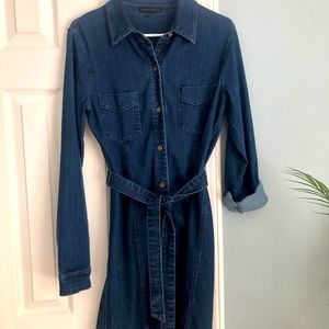 Sanctuary denim long-sleeved, button-up, A-line shirtdress, with self-tie belt.